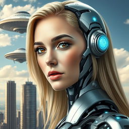 A blonde woman with brown eyes, with half of her body robotic and the other half human