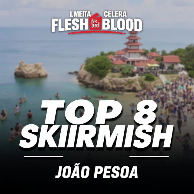 A dynamic YouTube video thumbnail featuring a tournament called Skirmish from the game Flesh and Blood