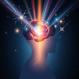 A conceptual artwork illustrating the power of the human mind, featuring a human silhouette with an open cranium showing a cosmos within