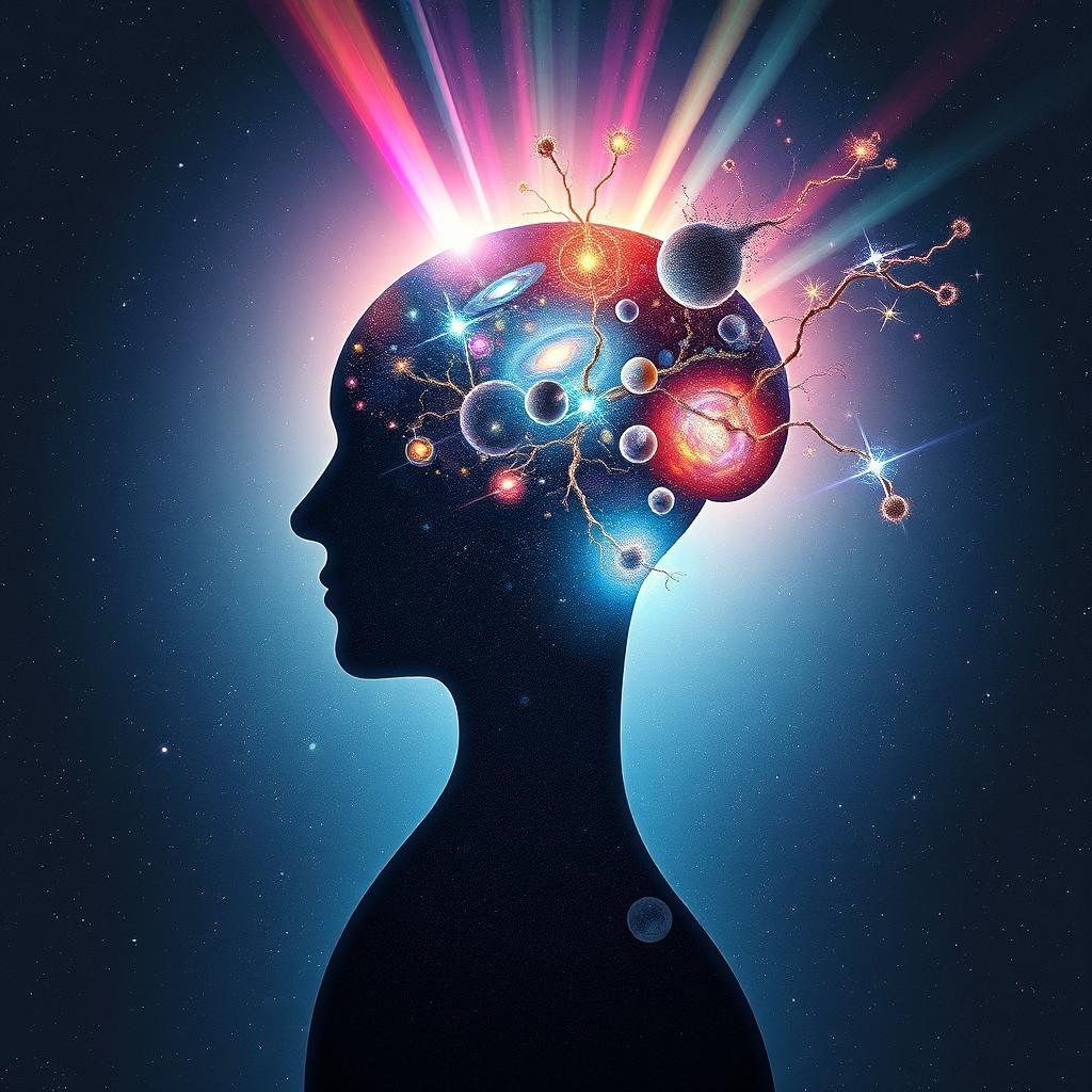 A conceptual artwork illustrating the power of the human mind, featuring a human silhouette with an open cranium showing a cosmos within