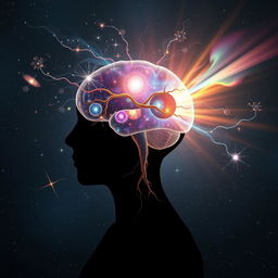 A conceptual artwork illustrating the power of the human mind, featuring a human silhouette with an open cranium showing a cosmos within