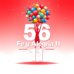 Un impresionante póster horizontal en español para celebrar el 56º aniversario de "Fe y Alegría 11", con un llamativo fondo en rojo y blanco