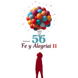 Un impresionante póster horizontal en español para celebrar el 56º aniversario de "Fe y Alegría 11", con un llamativo fondo en rojo y blanco