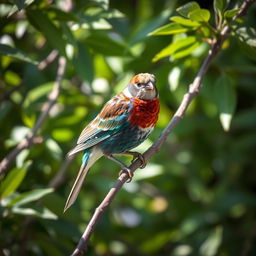 A stunning bird perched serenely on a slender branch, surrounded by lush green foliage