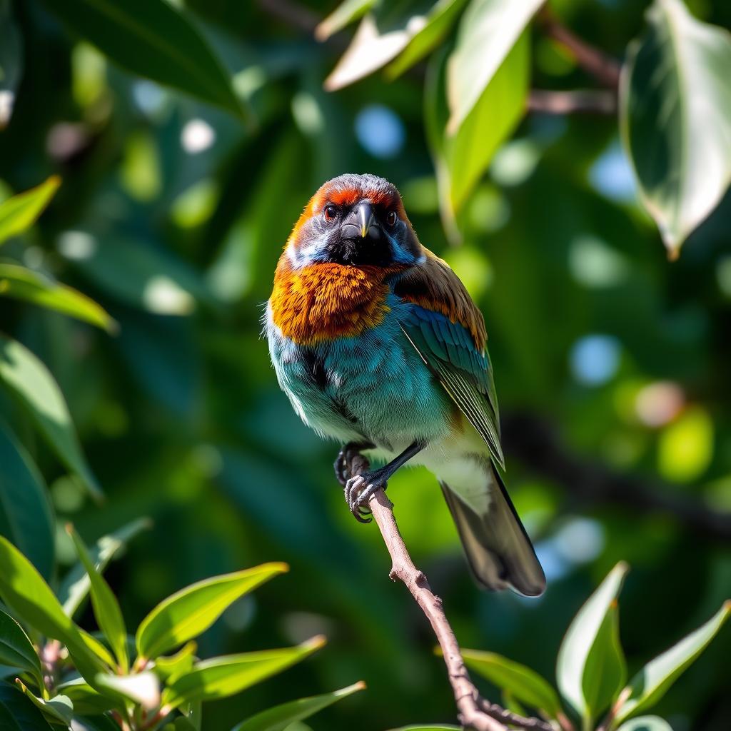 A stunning bird perched serenely on a slender branch, surrounded by lush green foliage