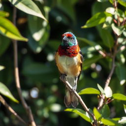 A stunning bird perched serenely on a slender branch, surrounded by lush green foliage