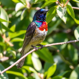 A stunning bird perched serenely on a slender branch, surrounded by lush green foliage