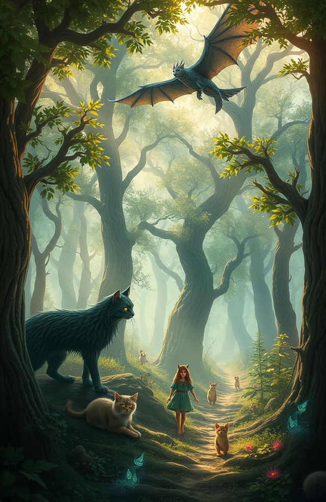 A mystical fantasy scene featuring towering wood cats with tree-like fur prowling gracefully through an enchanted forest