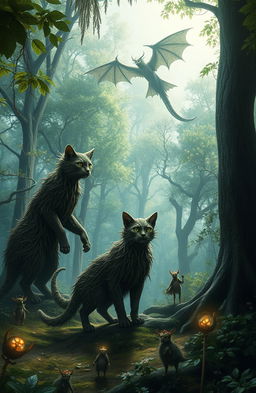 A mystical fantasy scene featuring towering wood cats with tree-like fur prowling gracefully through an enchanted forest