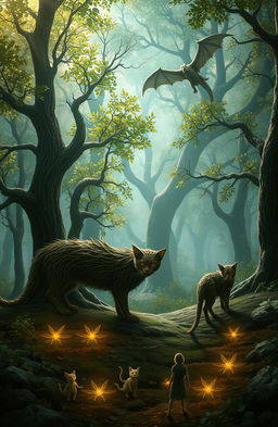 A mystical fantasy scene featuring towering wood cats with tree-like fur prowling gracefully through an enchanted forest