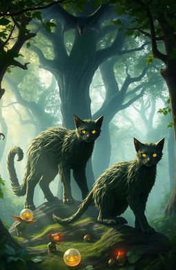 A mystical fantasy scene featuring towering wood cats with tree-like fur prowling gracefully through an enchanted forest