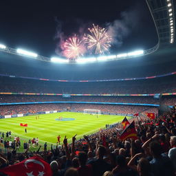 A grand and majestic football stadium filled to capacity with excited fans waving flags and banners