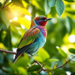 A beautiful bird perched gracefully on a branch, surrounded by lush greenery