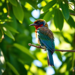 A beautiful bird perched gracefully on a branch, surrounded by lush greenery