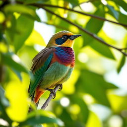 A beautiful bird perched gracefully on a branch, surrounded by lush greenery