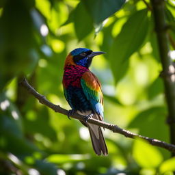 A beautiful bird perched gracefully on a branch, surrounded by lush greenery