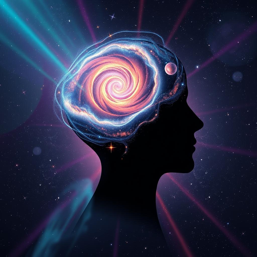 A surreal visualization of the human mind's power, featuring a silhouette of a head with an infinite galaxy swirling within