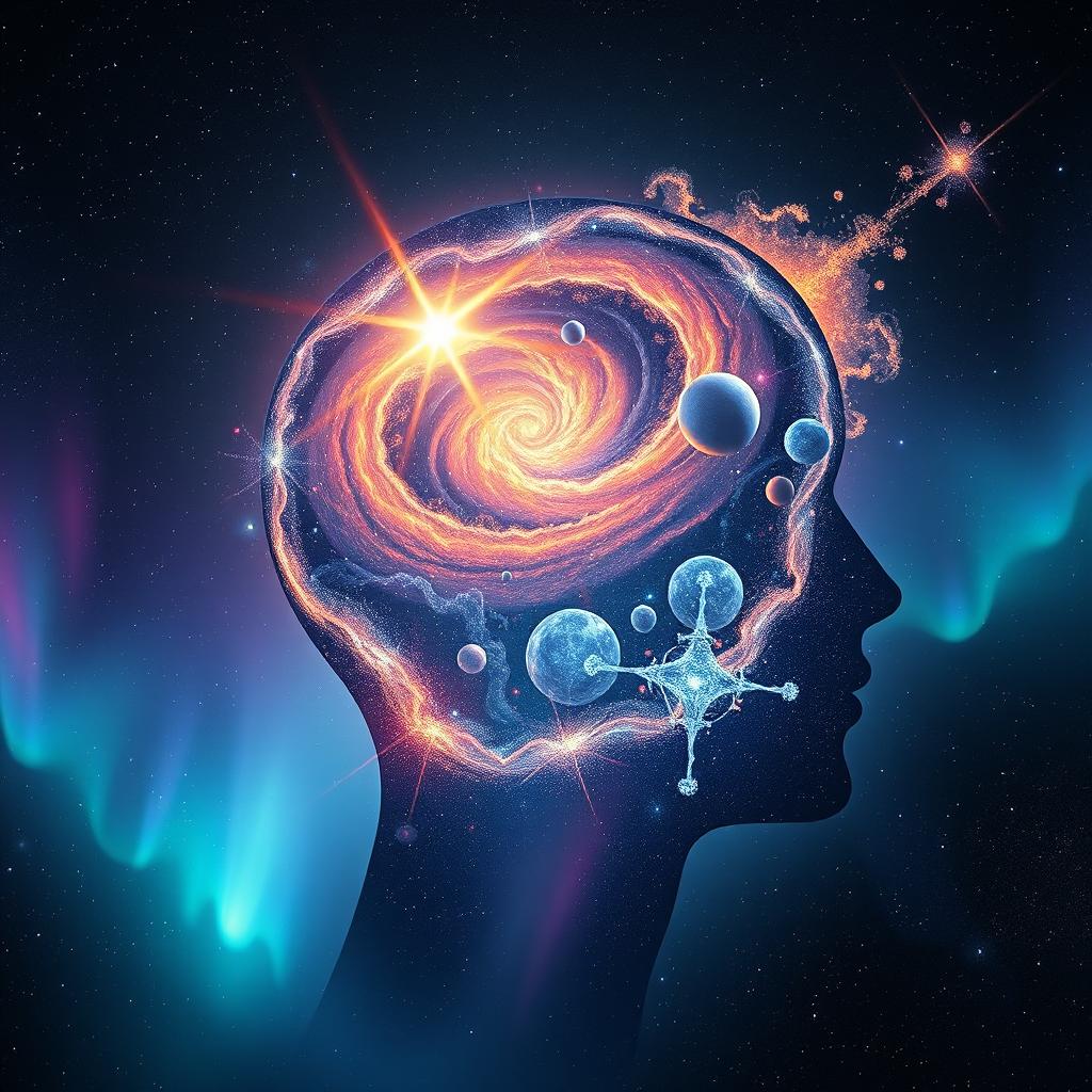 A surreal visualization of the human mind's power, featuring a silhouette of a head with an infinite galaxy swirling within