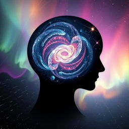 A surreal visualization of the human mind's power, featuring a silhouette of a head with an infinite galaxy swirling within