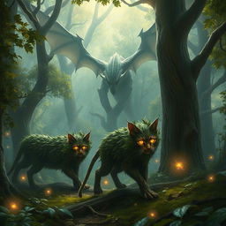 A mystical fantasy scene featuring towering wood cats with tree-like fur prowling gracefully through an enchanted forest