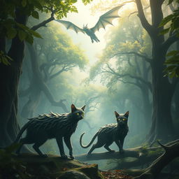 A mystical fantasy scene featuring towering wood cats with tree-like fur prowling gracefully through an enchanted forest