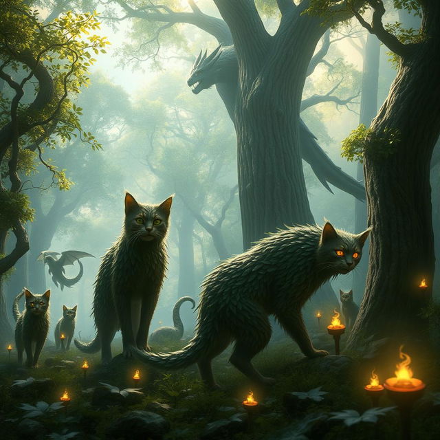 A mystical fantasy scene featuring towering wood cats with tree-like fur prowling gracefully through an enchanted forest