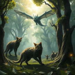 A mystical fantasy scene featuring towering wood cats with tree-like fur prowling gracefully through an enchanted forest