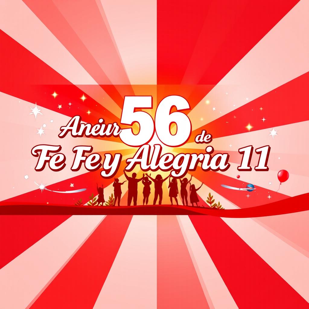 Un espectacular póster horizontal en español para celebrar el 56º aniversario de "Fe y Alegría 11", con un fondo radiante en rojo y blanco