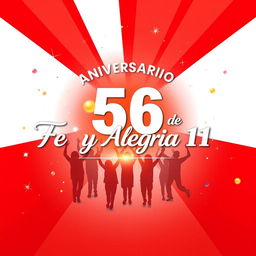 Un espectacular póster horizontal en español para celebrar el 56º aniversario de "Fe y Alegría 11", con un fondo radiante en rojo y blanco