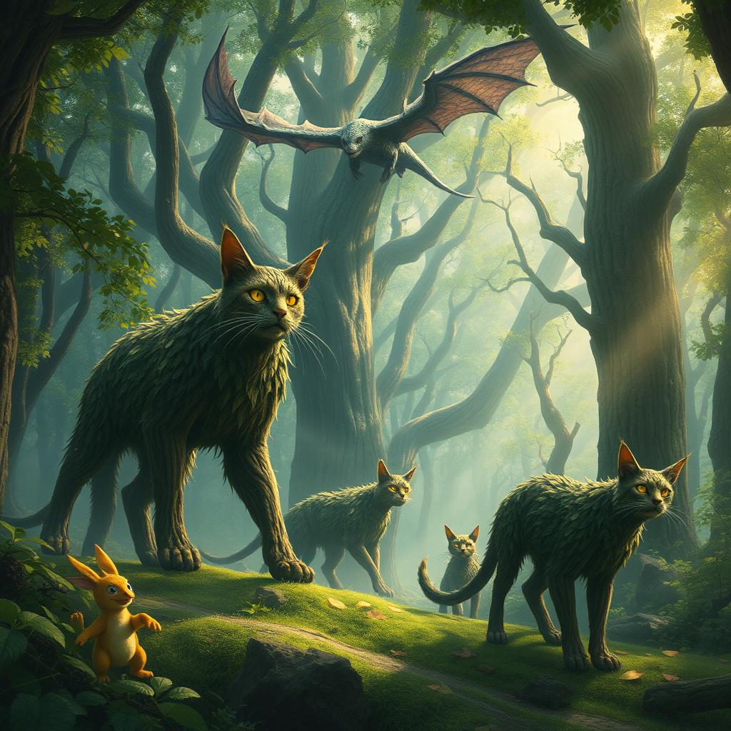 A mystical fantasy scene featuring towering wood cats with tree-like fur prowling gracefully through an enchanted forest