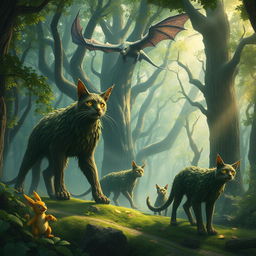 A mystical fantasy scene featuring towering wood cats with tree-like fur prowling gracefully through an enchanted forest