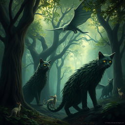 A mystical fantasy scene featuring towering wood cats with tree-like fur prowling gracefully through an enchanted forest