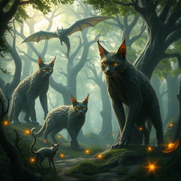 A mystical fantasy scene featuring towering wood cats with tree-like fur prowling gracefully through an enchanted forest