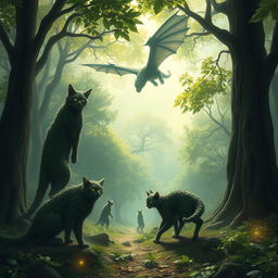 A mystical fantasy scene featuring towering wood cats with tree-like fur prowling gracefully through an enchanted forest