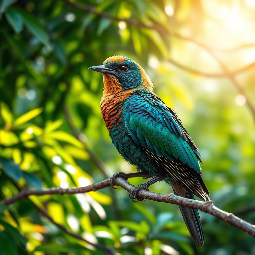 A majestic bird perched gracefully on a delicate branch within a vibrant, lush forest setting