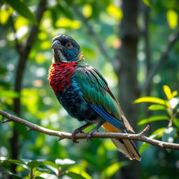 A majestic bird perched gracefully on a delicate branch within a vibrant, lush forest setting