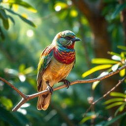 A majestic bird perched gracefully on a delicate branch within a vibrant, lush forest setting