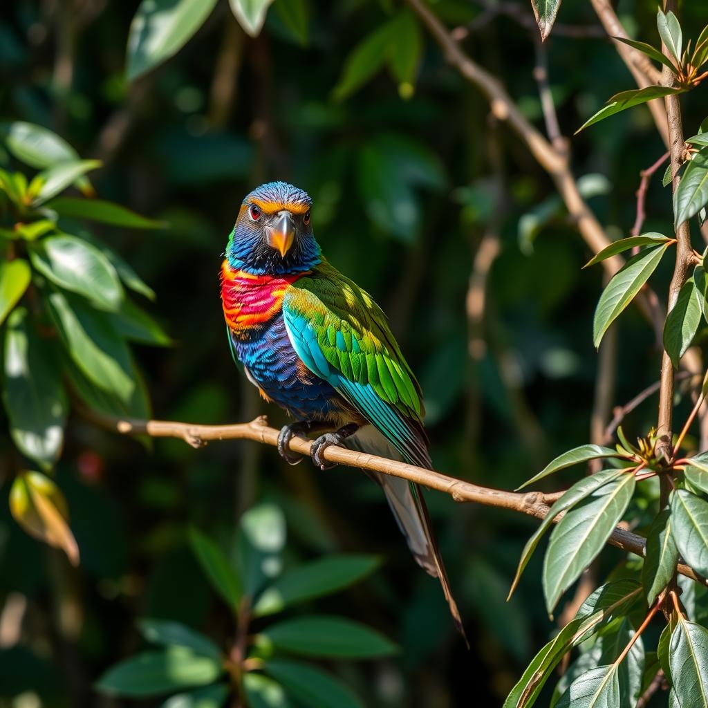 An exquisite bird perched elegantly on a slender branch amidst a rich tapestry of lush foliage