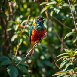 An exquisite bird perched elegantly on a slender branch amidst a rich tapestry of lush foliage