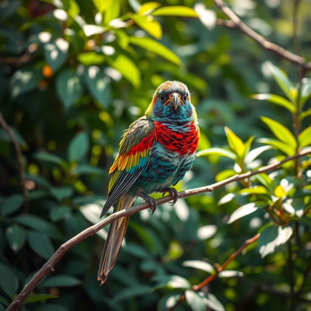 An exquisite bird perched elegantly on a slender branch amidst a rich tapestry of lush foliage