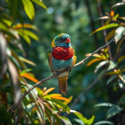 An exquisite bird perched elegantly on a slender branch amidst a rich tapestry of lush foliage