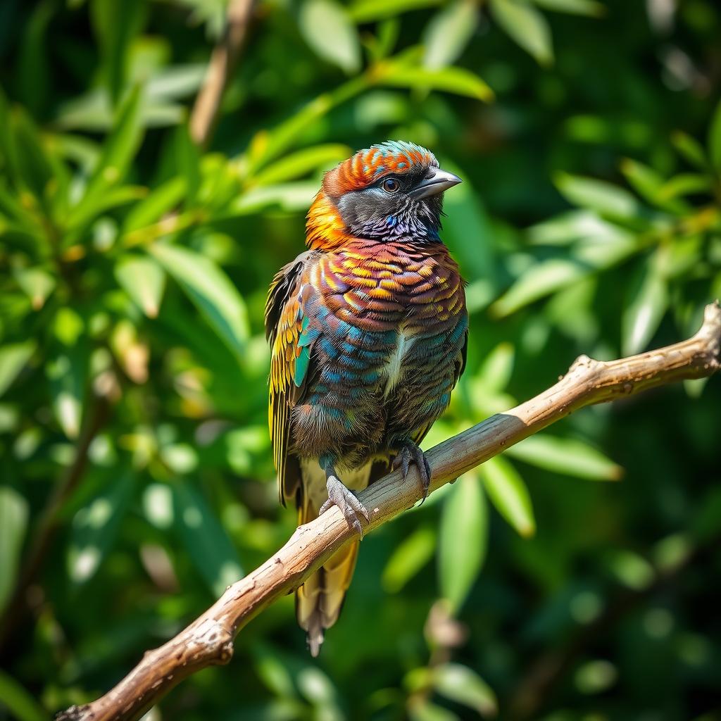 A stunning bird perched on a gracefully arching branch, set against a background of lush, verdant foliage