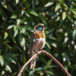 A stunning bird perched on a gracefully arching branch, set against a background of lush, verdant foliage