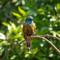 A stunning bird perched on a gracefully arching branch, set against a background of lush, verdant foliage