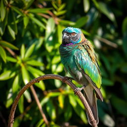 A stunning bird perched on a gracefully arching branch, set against a background of lush, verdant foliage