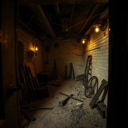 A creepy basement viewed from a diagonal overhead perspective, seen as if peeking through an open door