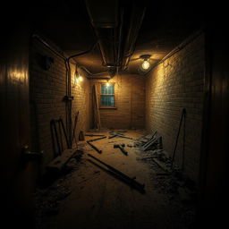 A creepy basement viewed from a diagonal overhead perspective, seen as if peeking through an open door