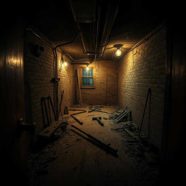 A creepy basement viewed from a diagonal overhead perspective, seen as if peeking through an open door