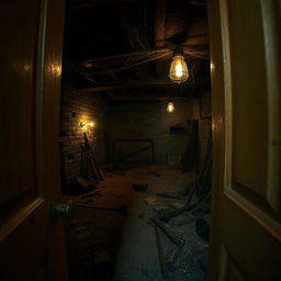 A creepy basement viewed from a diagonal overhead perspective, seen as if peeking through an open door