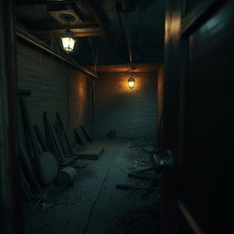 A creepy basement viewed from a diagonal overhead perspective, seen as if peeking through an open door